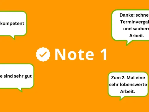 Note 1: "Sehr kompetent", "Sie sind sehr gut", "Danke: schnelle Terminvergabe und saubere Arbeit.", "Zum 2. Mal eine sehr lobenswerte Arbeit.