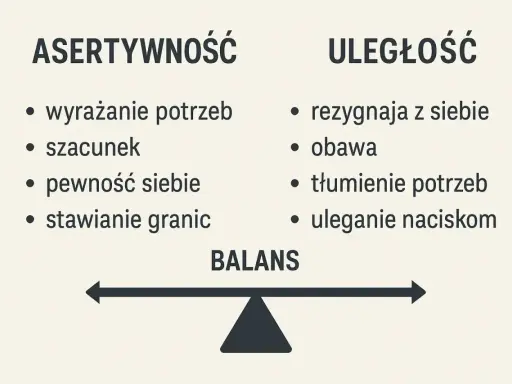 Asertywność co to? Wyrażanie potrzeb, szacunek, pewność siebie, stawianie granic kontra uległość: rezygnacja z siebie, obawa, tłumienie potrzeb, uleganie naciskom. Balans.