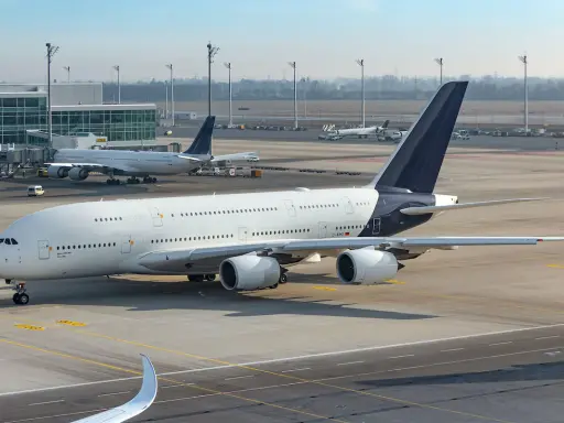 Samolot Airbus A380 na lotnisku, w tle inne samoloty i terminal. Cisza na płycie lotniska, jakby zapowiadała strajk linii lotniczych.