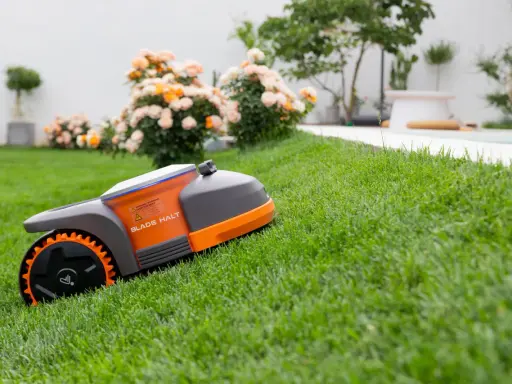 Un robot tondeuse autonome sur une pelouse verte, montrant comment fonctionne un robot tondeuse pour un jardin impeccable.