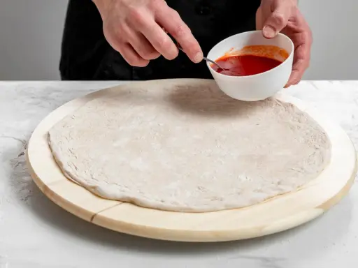 Przygotowanie ciasta na pizzę bez drożdży. Dłonie nabierają sos pomidorowy z miseczki, by rozprowadzić go na okrągłym spodzie.