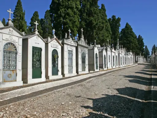 Reihe von Mausoleen auf einem Friedhof in Portugal, mit Zypressen im Hintergrund und einem steinigen Weg.