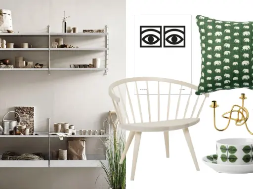 En hylla med inredningsdetaljer, en stol, en kudde med elefantmönster, en ljusstake och en kopp med Berså-mönster. Allt i en stil som andas svenska designklassiker.