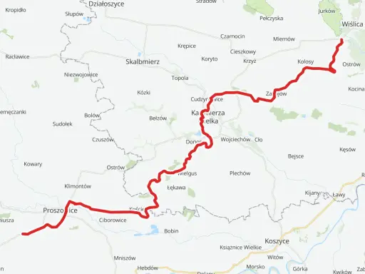 Trasa rowerowa velo raba od Proszowic przez Kazimierzę Wielką do Wiślicy, z zaznaczonymi miejscowościami.