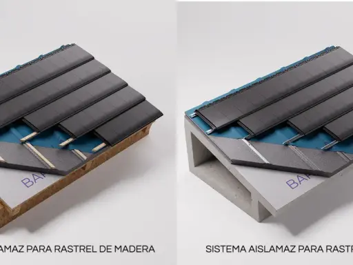 Detalle de cubiertas prefabricadas con sistema aislante sobre rastrel de madera y metálico.