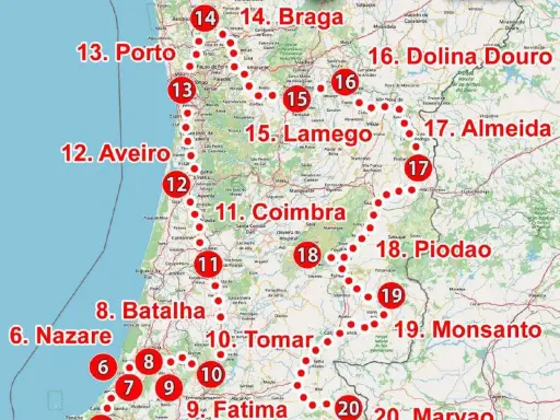 Mapa Portugal z zaznaczonymi miastami i trasami. Gdzie leży Portugalia? Na zachodzie Europy, na Półwyspie Iberyjskim.