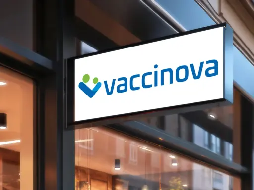 Belyst skylt med logotypen "vaccinova" och två stiliserade figurer, en grön och en blå. Företaget fokuserar på vaccin i Asien.