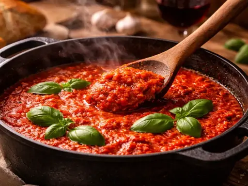 Sauce tomate maison mijotant dans une cocotte, garnie de basilic frais. Des tomates pelées, savoureuses et parfumées.