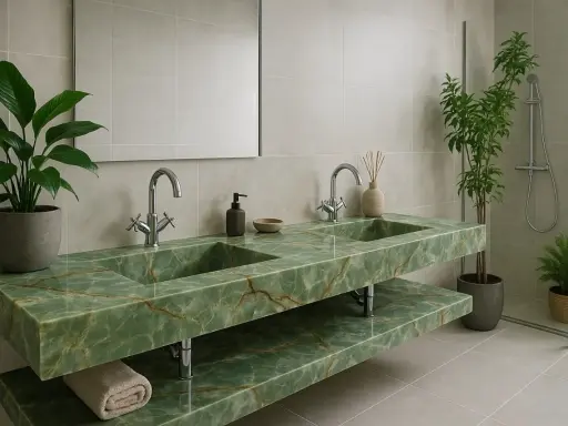 Luksusowy blat do łazienki z kamienia w odcieniu zieleni z żyłkami. Dwie umywalki, chromowane baterie, lustro i rośliny tworzą elegancką przestrzeń.