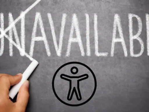 Napis "UNAVAILABLE" przekreślony kredą, obok symbol dostępności. Dostępność jest kluczowa, jak w html details.