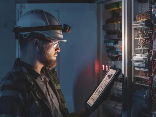Elektryk w kasku z latarką sprawdza na tablecie schemat instalacji elektrycznej, wykonując pomiary natężenia oświetlenia awaryjnego.