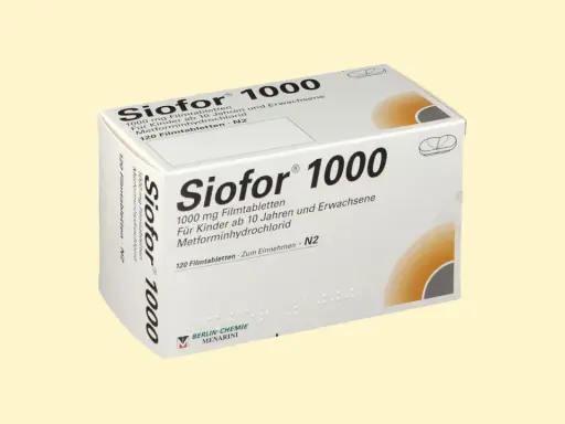 Opakowanie leku Siofor 1000 mg, zawierające 120 tabletek powlekanych z metforminą. Stosowany u dzieci od 10 lat i dorosłych.