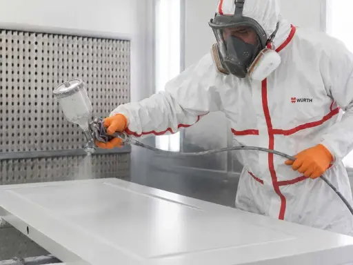 Profesional aplicando pintura blanca a una puerta con pistola pulverizadora. Aprende como lacar puertas en blanco para un acabado perfecto.