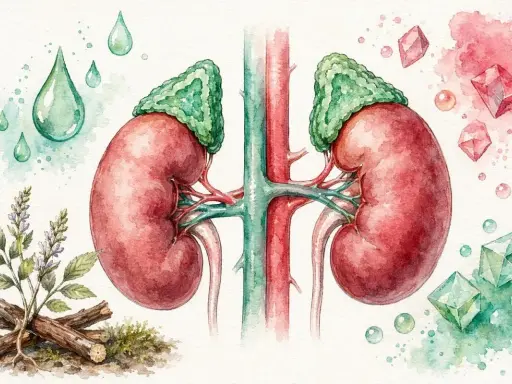 Reni con ghiandole surrenali, gocce, cristalli e radici di liquirizia, suggerendo un equilibrio ormonale, forse legato al cortisolo basso.