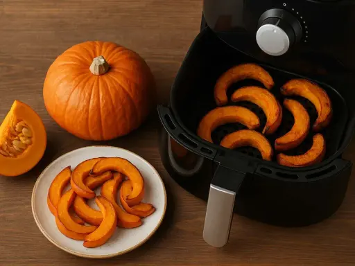 Zucca in friggitrice ad aria: fette arrostite e una intera su un tavolo di legno.