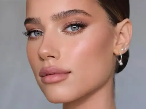 Volto femminile con trucco cerimonia impeccabile: occhi luminosi, labbra nude e pelle radiosa. Perfetto per un evento speciale.