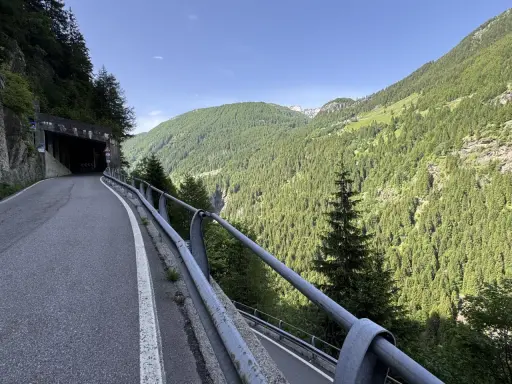 Strada tortuosa che porta al Passo dello Spluga, con un tunnel in primo piano e montagne boscose sullo sfondo.