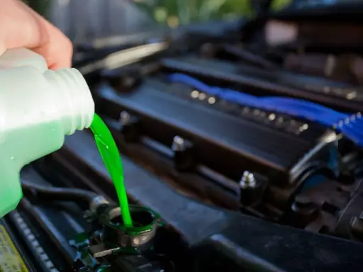 Mano vierte líquido refrigerante verde brillante en el radiador de un coche. Guía para saber como cambiar el liquido refrigerante.