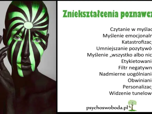 Twarz z neonowym makijażem symbolizuje zniekształcenia poznawcze, takie jak katastrofizacja i myślenie "wszystko albo nic".