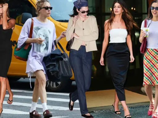 Five women showcase 90s minimalism fashion: a black dress, oversized tee, cardigan with jeans, tube top with a pencil skirt, and a plaid skirt with a white tee.