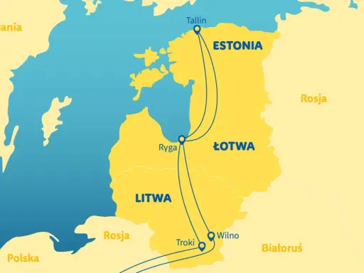 Mapa pokazuje trasy między Tallinem, Rygą i Wilnem. Gdzie jest Ryga? Na mapie widać ją w Łotwie, na trasie do Litwy.