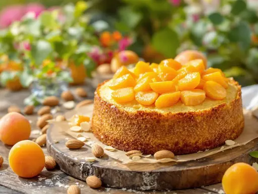 Un délicieux moelleux aux abricots, garni de fruits frais et d'amandes, sur une planche en bois, avec des abricots et des fleurs en arrière-plan.