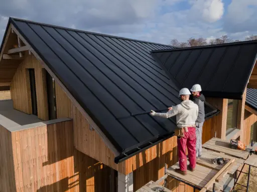 Zwei Handwerker sanieren ein Dach mit schwarzer Trapezblechdeckung. Das Holzhaus erhält ein modernes Aussehen.