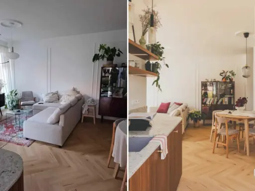 Jasne, oto propozycja:

Nowoczesna fotografia wnętrz: przytulny salon z kanapą, stolikiem kawowym i dywanem, obok jadalnia z drewnianym stołem i krzesłami.