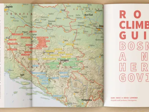 Bośnia i Hercegowina przewodnik: mapa z zaznaczonymi terenami wspinaczkowymi i spisami miejsc.