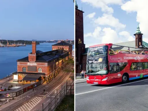 Två vyer av Stockholm: en vid vattnet med en tegelbyggnad och en annan med en röd sightseeingbuss som kör förbi Stadshuset.