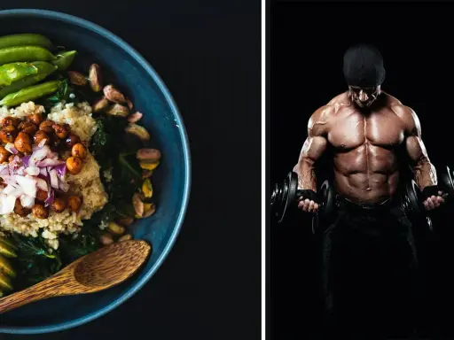 Gesunder Quinoa-Salat und ein Mann mit beeindruckender Muskelmasse, der Hanteln stemmt.
