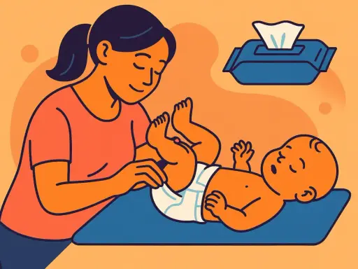 Ilustracja: kobieta przewija noworodka, obok chusteczki nawilżane.