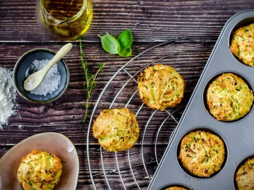 Goldbraune Zucchini-Muffins auf einem Gitter, einige in einer Muffinform. Zutaten wie Öl, Salz und Kräuter liegen bereit.
