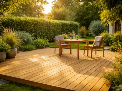 Une belle terrasse en bois, parfaite pour faire une pause au soleil. Deux chaises et une table invitent à la détente dans ce jardin verdoyant.