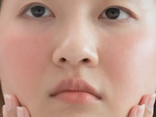 Gros plan sur le visage d'une jeune femme, ses joues rosées évoquant un doux **bouton soleil visage**. Ses mains effleurent délicatement sa peau.