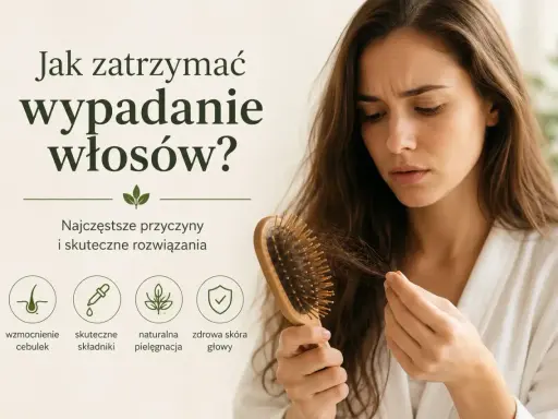 Zmartwiona kobieta trzyma szczotkę z wypadającymi włosami. Grafika podpowiada, jak zatrzymać wypadanie włosów, wskazując na wzmocnienie cebulek i naturalną pielęgnację.