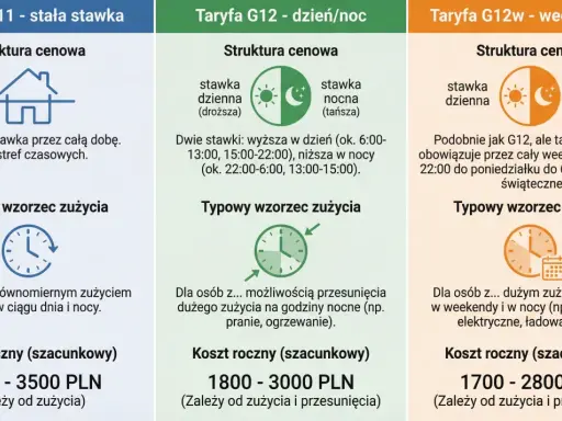 Porównanie taryf energii: G11 (stała), G12 (dzień/noc) i G12w (weekendowa). Wybierz klaster energii dopasowany do Twoich potrzeb.