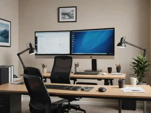Bureau double avec écrans, lampes et plantes. L'espace entre bureau et mur est optimisé pour le travail.