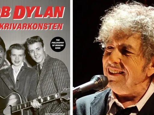Bob Dylan, låtskrivarkonsten i Sverige. En bild av en ung trio med gitarr och en närbild på en äldre Bob Dylan.