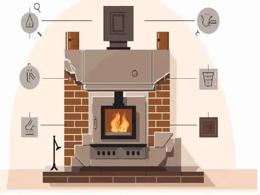 Diagrama de instalación de chimeneas de leña, mostrando sus componentes y accesorios.