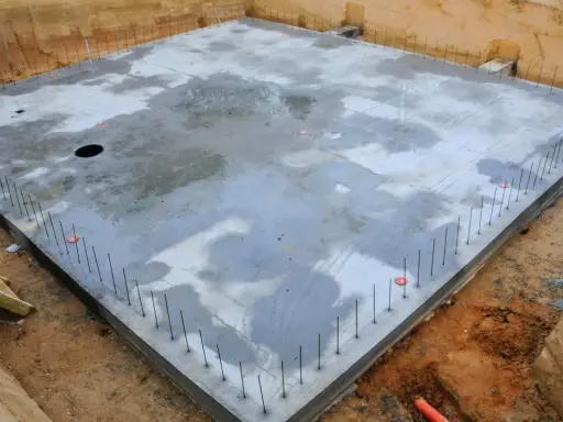 Betonowa płyta fundamentowa, gotowa do dalszych prac. Określenie płyta fundamentowa koszt jest kluczowe dla budżetu.