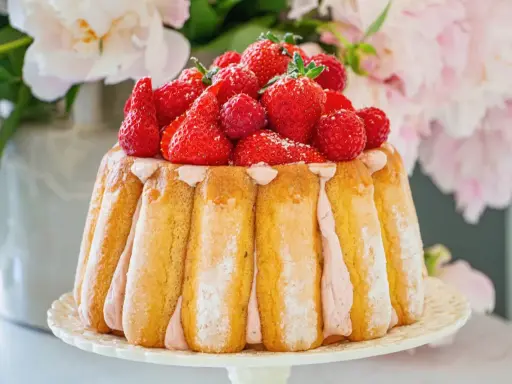 Charlotte aux fruits rouges, un délice de biscuits à la cuillère et crème rose, couronné de fraises et framboises fraîches.