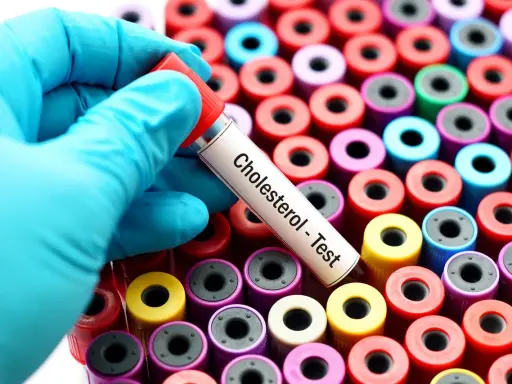 Rękawiczka trzyma probówkę "Cholesterol - Test" na tle wielu kolorowych probówek. Monakolina może wpływać na wyniki, warto to sprawdzić.