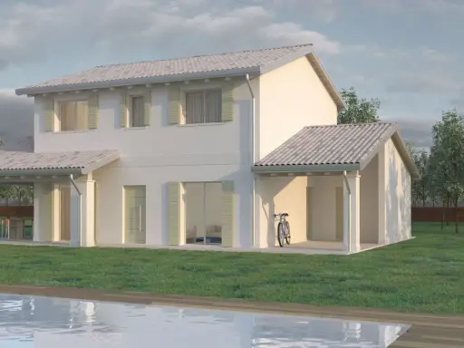 Case a due piani con portico, piscina e giardino. Una bicicletta appoggiata al muro.