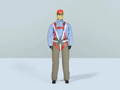 Eine Pilotpuppe 1/3 mit Sicherheitsgurt, kariertem Hemd, Cargohose und roter Kappe mit "PX"-Aufschrift.