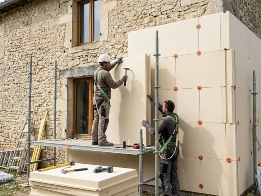 Deux ouvriers installent des panneaux isolants sur un mur en pierre. Une application concrète de l'isolation thermique, une définition essentielle pour l'efficacité énergétique.