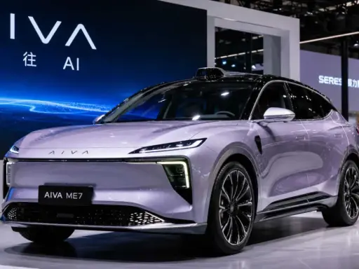 El coche AIVA ME7, un modelo eléctrico con tecnología Huawei, exhibido en un evento.