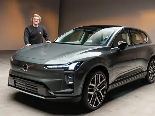 Ein Mann steht neben einem modernen, grauen Volvo EX90.
