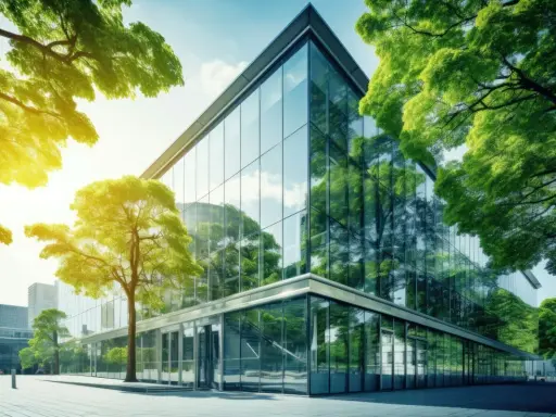 Moderne architetture in vetro riflettono alberi lussureggianti e cielo azzurro, creando un'armonia tra natura e design.