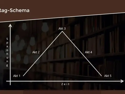Freytag-Schema: Ein Diagramm zeigt den aufbau eines dramas mit steigender und fallender Spannung über fünf Akte.